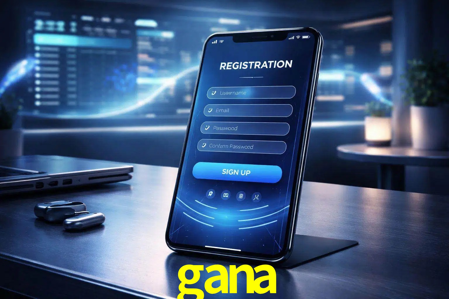 Una interfaz moderna de registro móvil para gana mostrada en un smartphone con un panel de apuestas elegante.